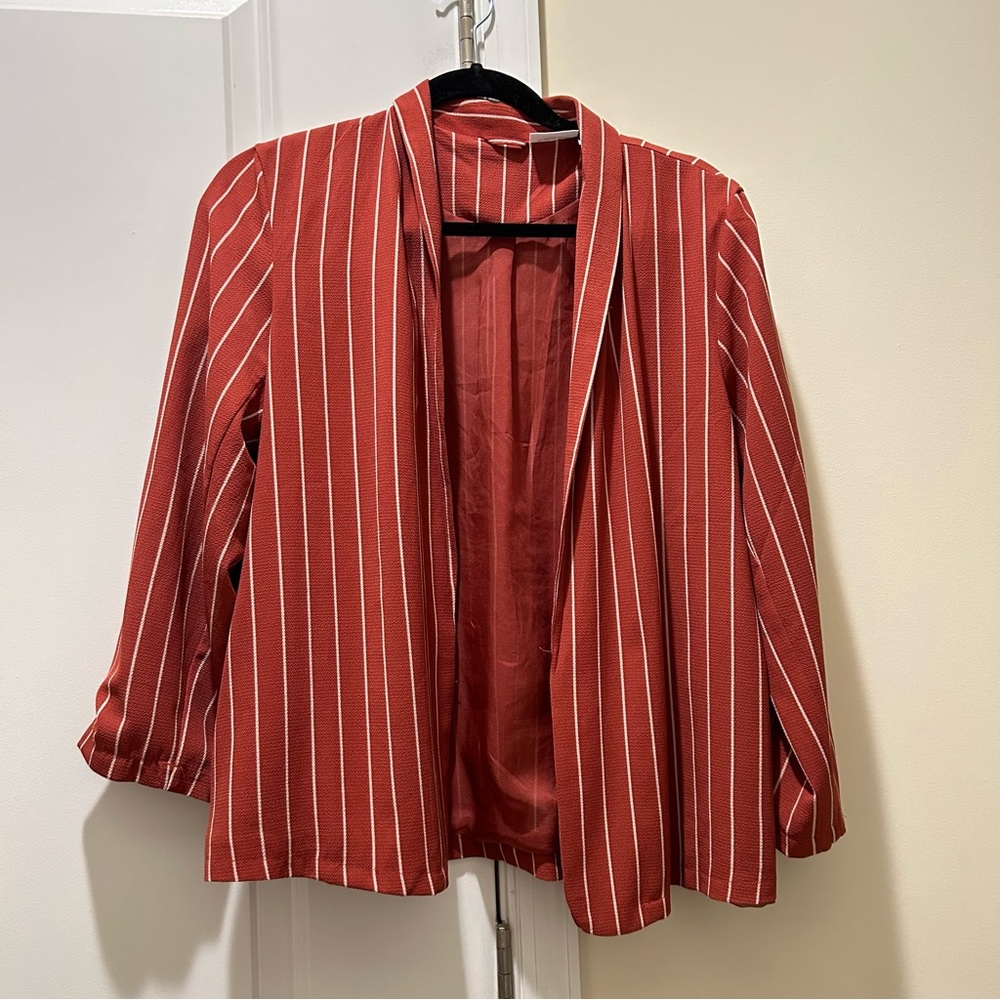 Burnt Orange Red & White striped shirt blazer cardigan